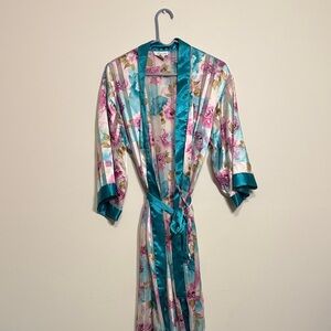 Floral Satin Robe with Teal Accents